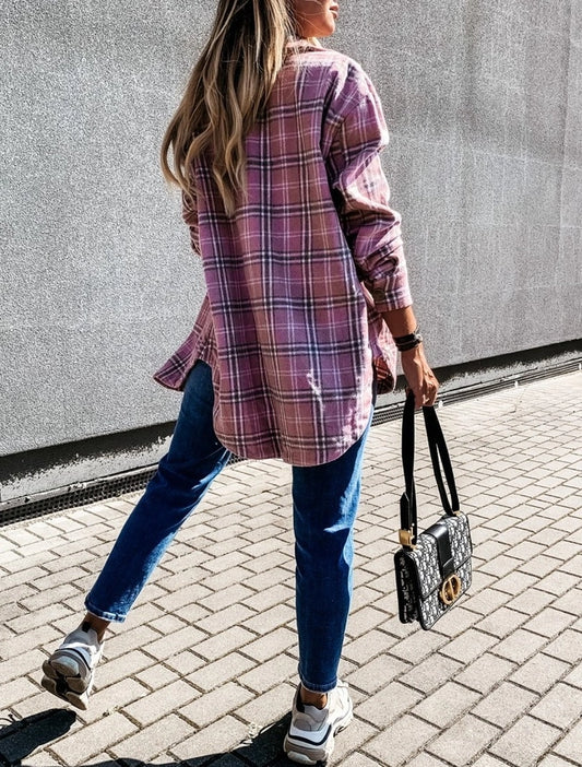 Loose Casual Vintage Plaid Long Sleeved Shirt Jacket